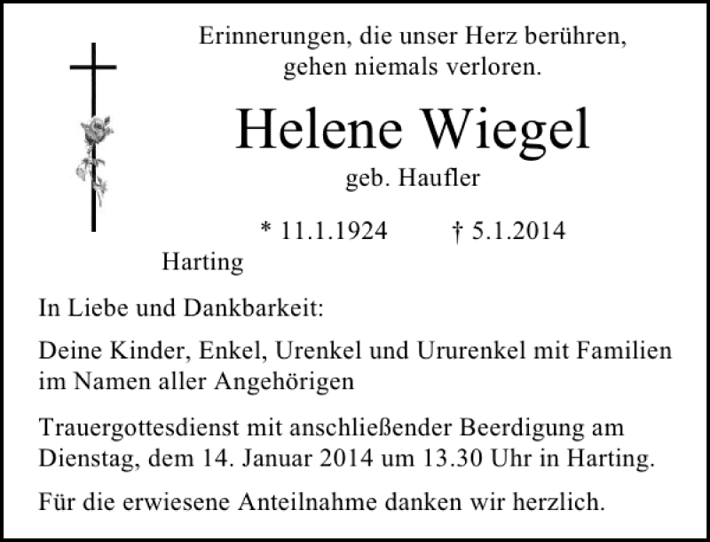 Traueranzeigen von Harting Helene Wiegel | Mittelbayerische Trauer