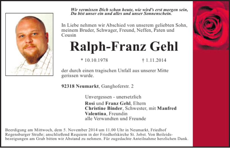  Traueranzeige für Ralph Gehl vom 04.11.2014 aus Mittelbayerische Zeitung