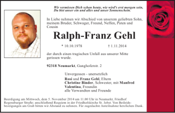 Traueranzeige von Ralph Gehl von Mittelbayerische Zeitung