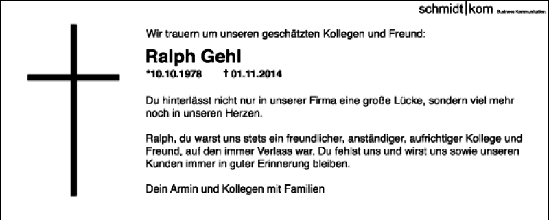  Traueranzeige für Ralph Gehl vom 04.11.2014 aus Mittelbayerische Zeitung