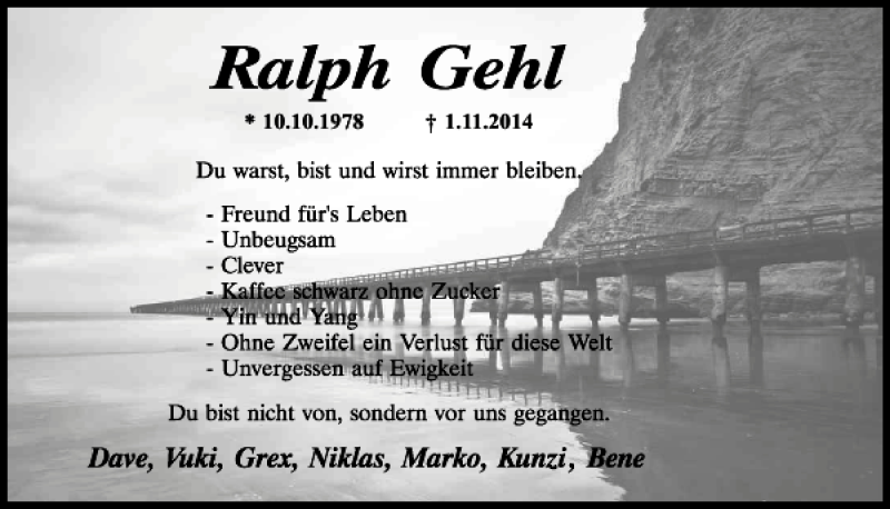  Traueranzeige für Ralph Gehl vom 18.11.2014 aus Mittelbayerische Zeitung