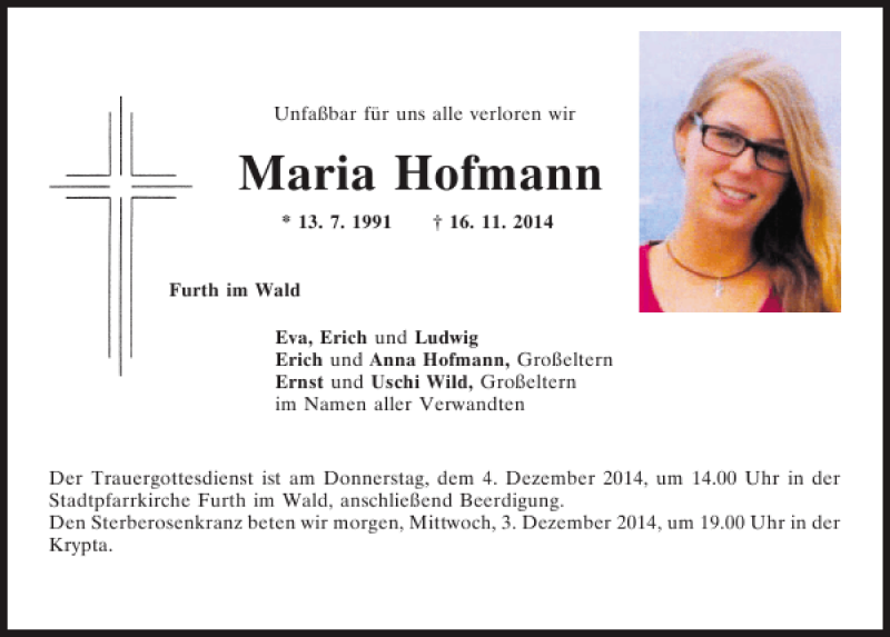  Traueranzeige für Maria Hofmann vom 02.12.2014 aus Mittelbayerische Zeitung