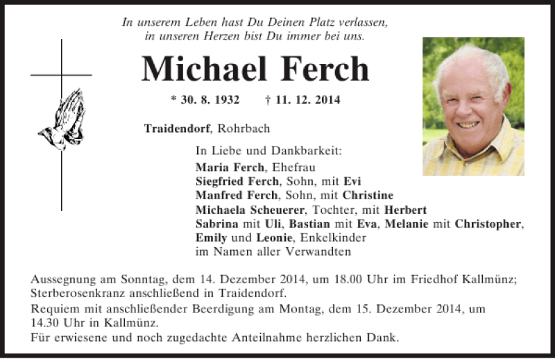  Traueranzeige für Michael Ferch vom 13.12.2014 aus Mittelbayerische Zeitung