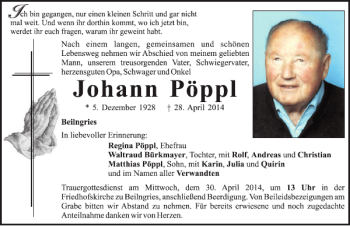 Traueranzeige von Beilngries Johann Pöppl von Mittelbayerische Zeitung