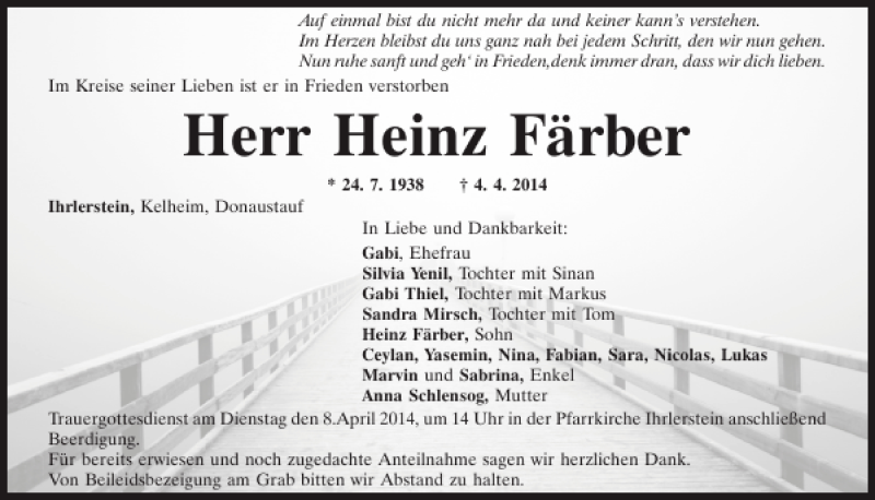  Traueranzeige für Heinz Färber vom 05.04.2014 aus Mittelbayerische Zeitung