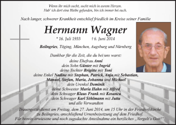 Traueranzeige von Beilngries Hermann Wagner von Mittelbayerische Zeitung