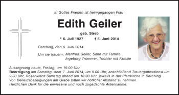 Traueranzeigen von Berching Edith Geiler | Mittelbayerische Trauer