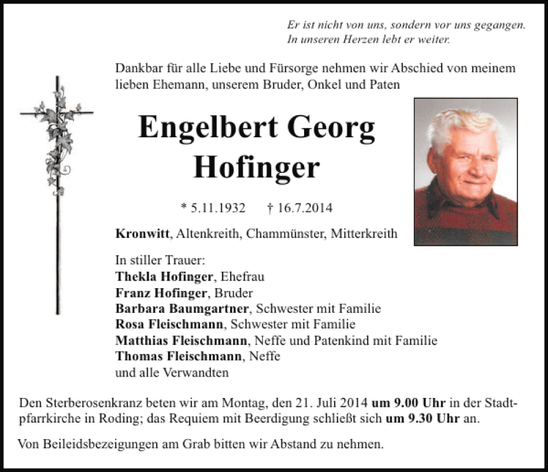 Traueranzeigen von Kronwitt Engelbert Georg Hofinger | Mittelbayerische ...