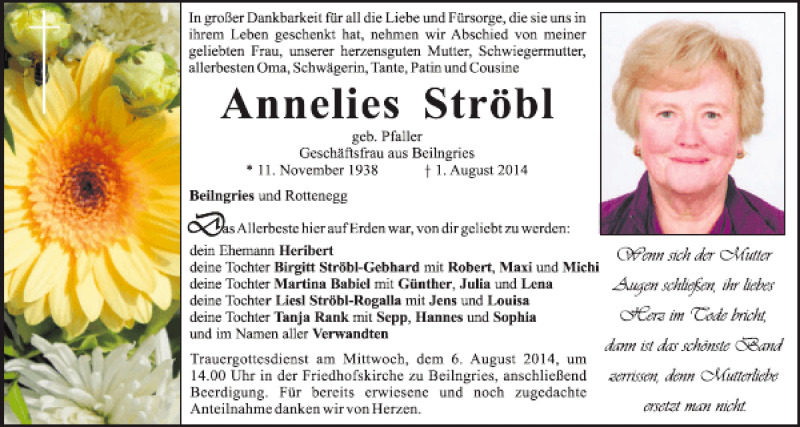  Traueranzeige für Beilngries Annelies Ströbl vom 04.08.2014 aus Mittelbayerische Zeitung