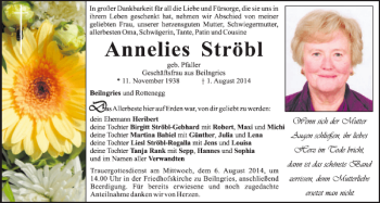 Traueranzeige von Beilngries Annelies Ströbl von Mittelbayerische Zeitung