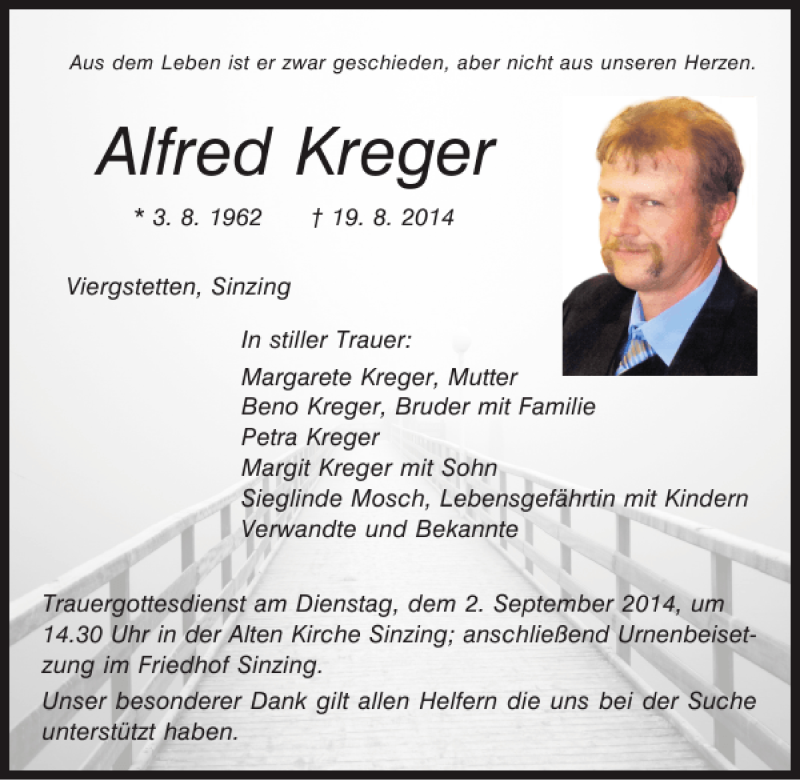  Traueranzeige für Viergstetten Alfred Kreger vom 30.08.2014 aus Mittelbayerische Zeitung