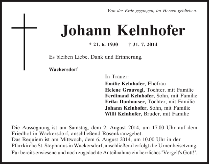  Traueranzeige für Wackersdorf Johann Kelnhofer vom 02.08.2014 aus Mittelbayerische Zeitung