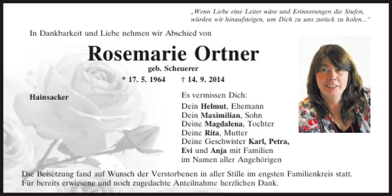  Traueranzeige für Rosemarie Ortner vom 20.09.2014 aus Mittelbayerische Zeitung