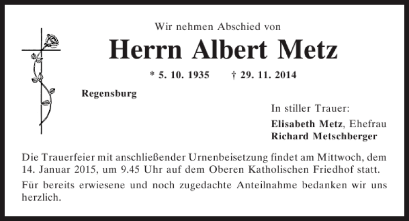 Traueranzeigen von Regensburg Albert Metz | Mittelbayerische Trauer