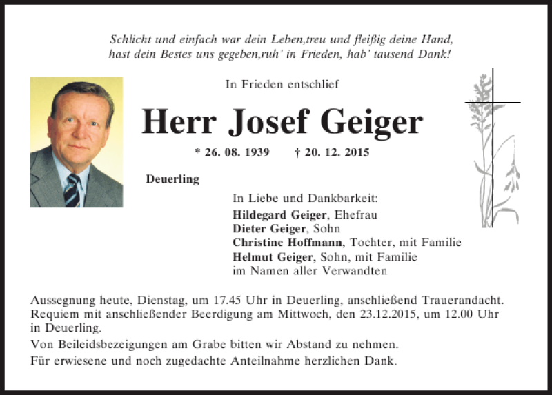 Traueranzeigen von Josef Geiger | Mittelbayerische Trauer