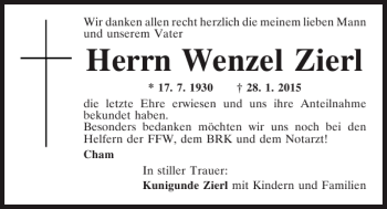 Traueranzeige von Cham Wenzel Zierl von Mittelbayerische Zeitung