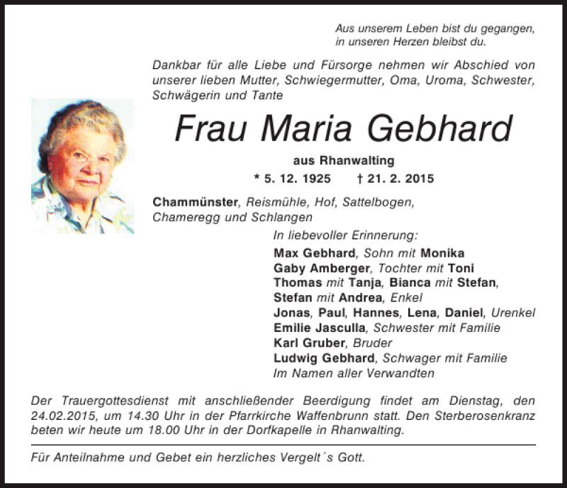 Traueranzeigen von Chammünster Frau Maria Gebhard | Mittelbayerische Trauer