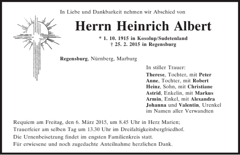 Traueranzeigen Von Heinrich Albert | Mittelbayerische Trauer