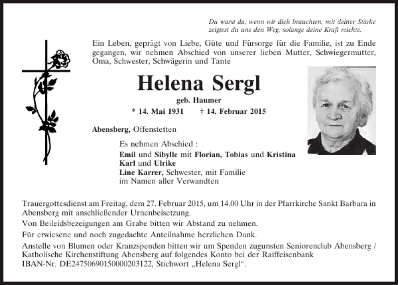  Traueranzeige für Helena Sergl vom 21.02.2015 aus Mittelbayerische Zeitung