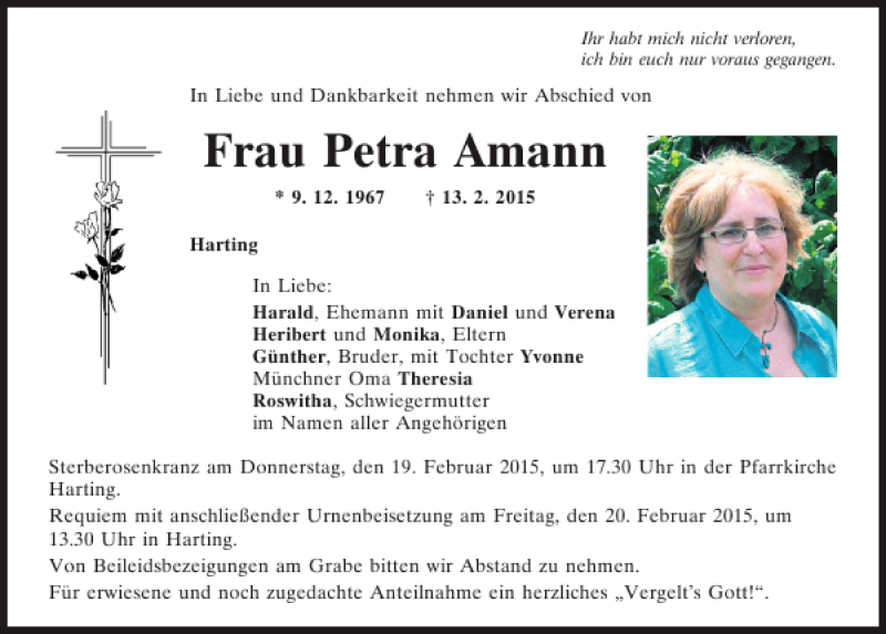  Traueranzeige für Petra Amann vom 18.02.2015 aus Mittelbayerische Zeitung