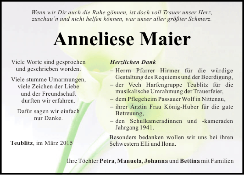 Traueranzeigen von Anneliese Maier | Mittelbayerische Trauer
