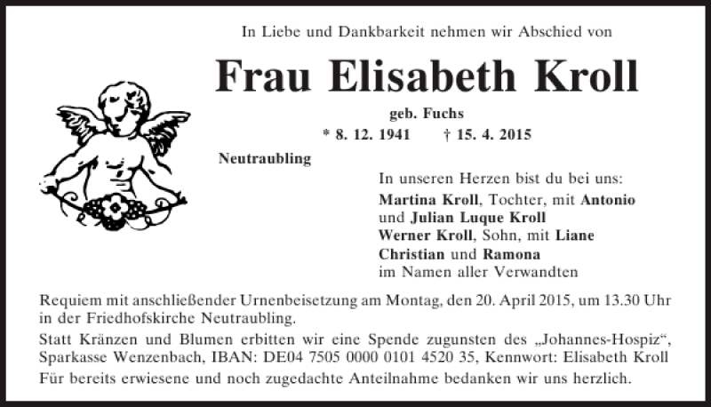  Traueranzeige für Elisabeth Kroll vom 17.04.2015 aus Mittelbayerische Zeitung