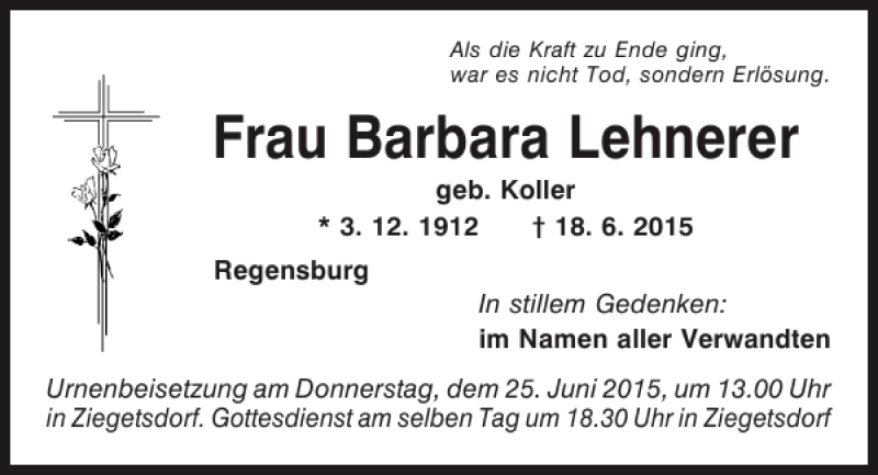 Traueranzeigen Von Barbara Lehnerer | Mittelbayerische Trauer