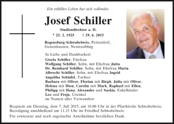 Traueranzeigen von Josef Schiller | Mittelbayerische Trauer