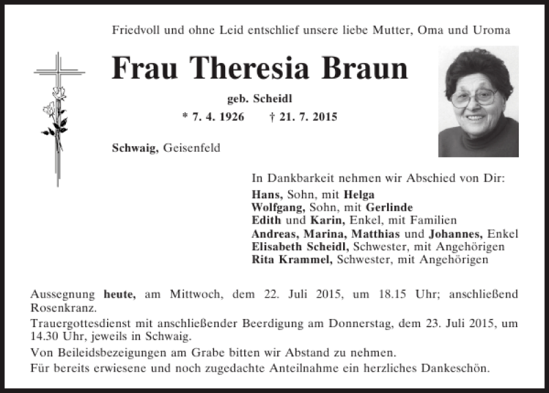 Traueranzeigen Von Theresia Braun Mittelbayerische Trauer