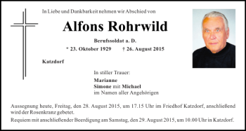 Traueranzeige von Alfons Rohrwild von Mittelbayerische Zeitung