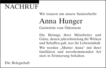 Traueranzeige von Anna Hunger von Mittelbayerische Zeitung