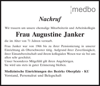 Traueranzeige von Augustine Janker von Mittelbayerische Zeitung