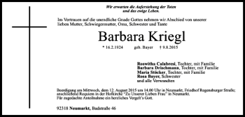 Traueranzeige von Barbara Kriegl von Mittelbayerische Zeitung