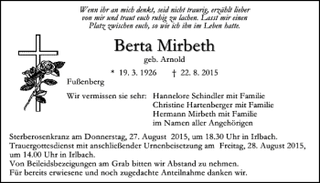 Traueranzeige von Berta Mirbeth von Mittelbayerische Zeitung