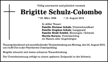 Traueranzeige von Brigitte Schulz-Colombo von Mittelbayerische Zeitung