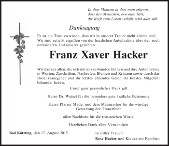 Traueranzeige von Franz-Xaver Hacker von Mittelbayerische Zeitung