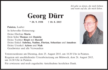 Traueranzeige von Georg Dürr von Mittelbayerische Zeitung