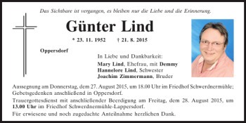 Traueranzeige von Günter Lind von Mittelbayerische Zeitung