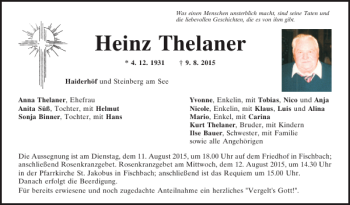 Traueranzeige von Heinz Thelaner von Mittelbayerische Zeitung