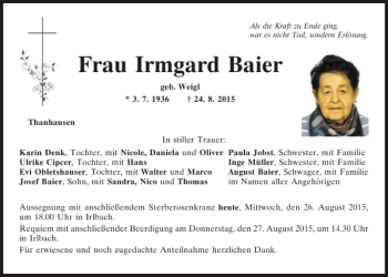 Traueranzeige von Irmgard Baier von Mittelbayerische Zeitung