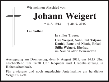 Traueranzeigen von Johann Weigert | Mittelbayerische Trauer