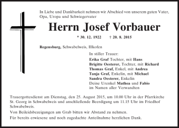 Traueranzeige von Josef Vorbauer von Mittelbayerische Zeitung