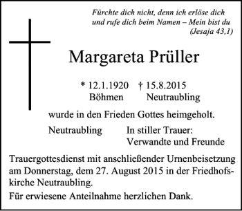 Traueranzeige von Margareta Prüller von Mittelbayerische Zeitung