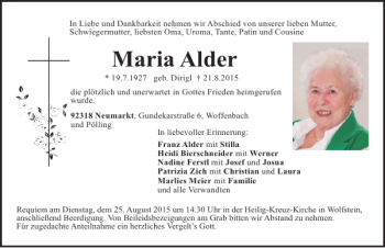 Traueranzeige von Maria Alder von Mittelbayerische Zeitung