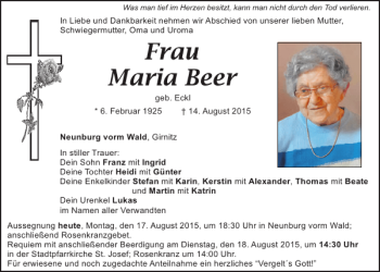 Traueranzeige von Maria Beer von Mittelbayerische Zeitung