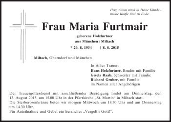 Traueranzeige von Maria Furtmair von Mittelbayerische Zeitung