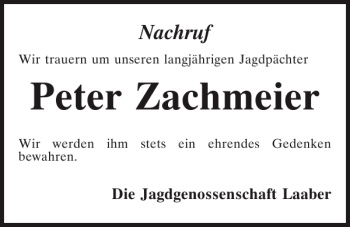 Traueranzeige von Peter Zachmeier von Mittelbayerische Zeitung