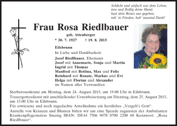 Traueranzeige von Rosa Riedlbauer von Mittelbayerische Zeitung