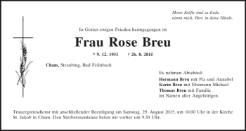 Traueranzeige von Rose Breu von Mittelbayerische Zeitung