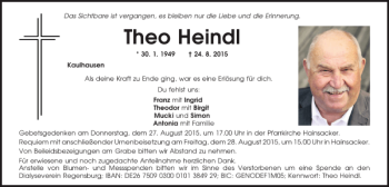 Traueranzeige von Theo Heindl von Mittelbayerische Zeitung